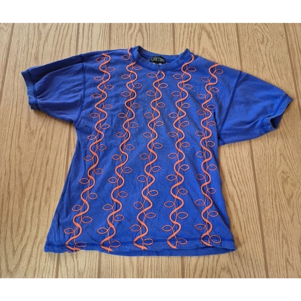 Womens Gene Ewing Embroidered Cotton T Shirt Vtg 80s 90s Blue Orange med